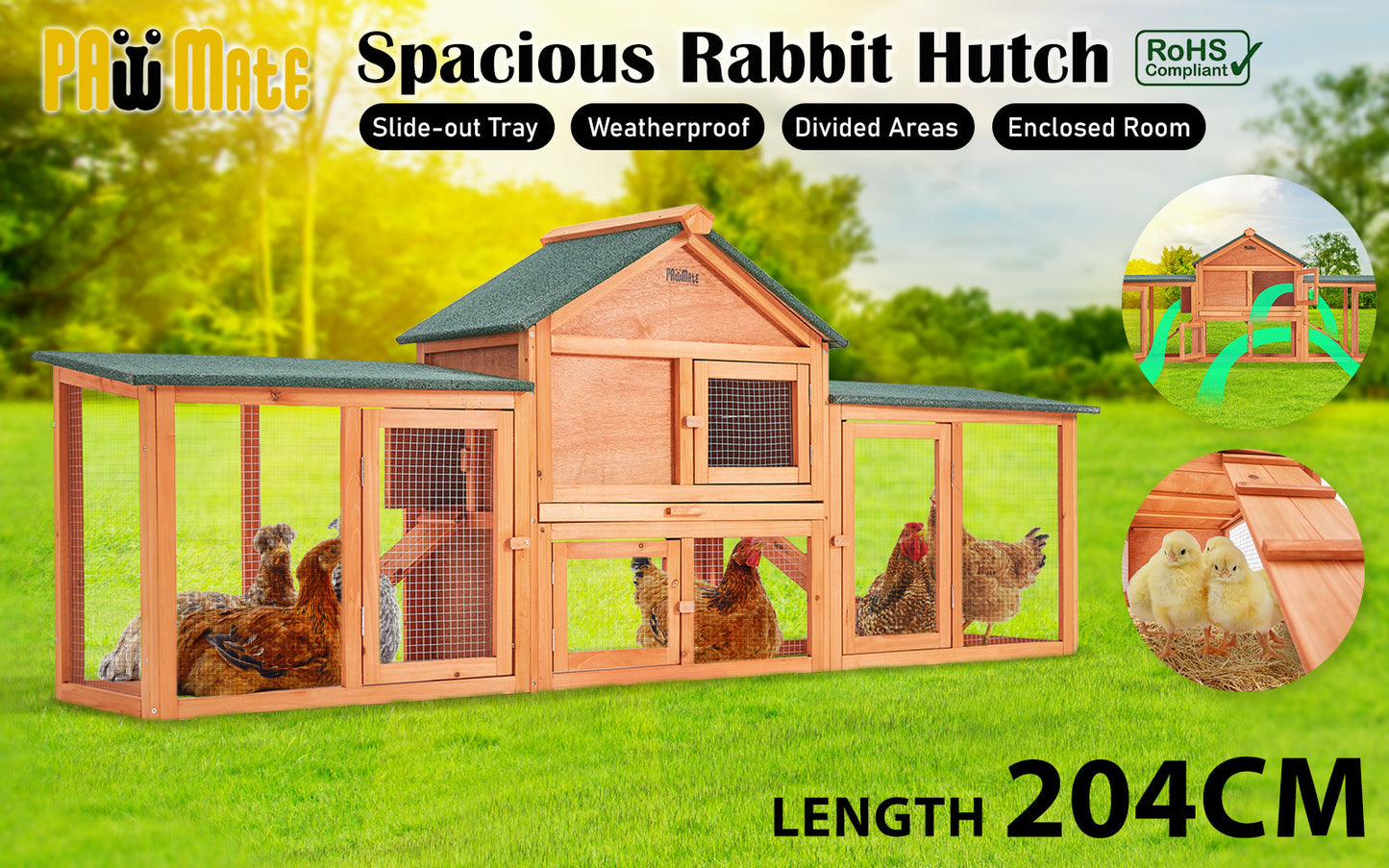 Rabbit Hutch Chicken Coop 204 x 45 x 85cm 2 Storey Cage Wooden