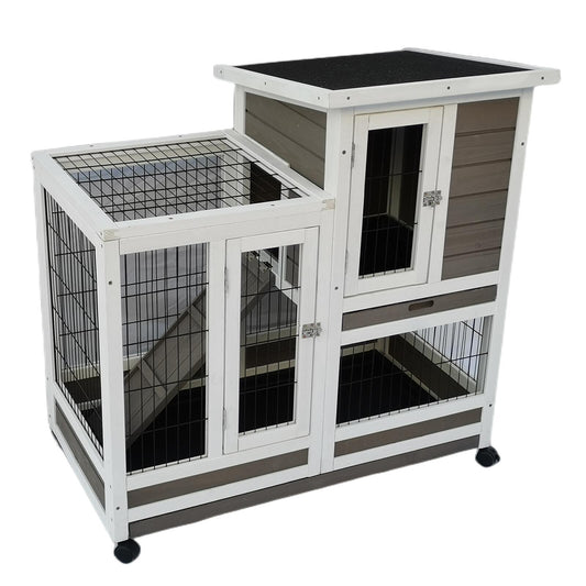 Wooden Rabbit, Guinea Pig, Ferret Hutch Cage With Wheels