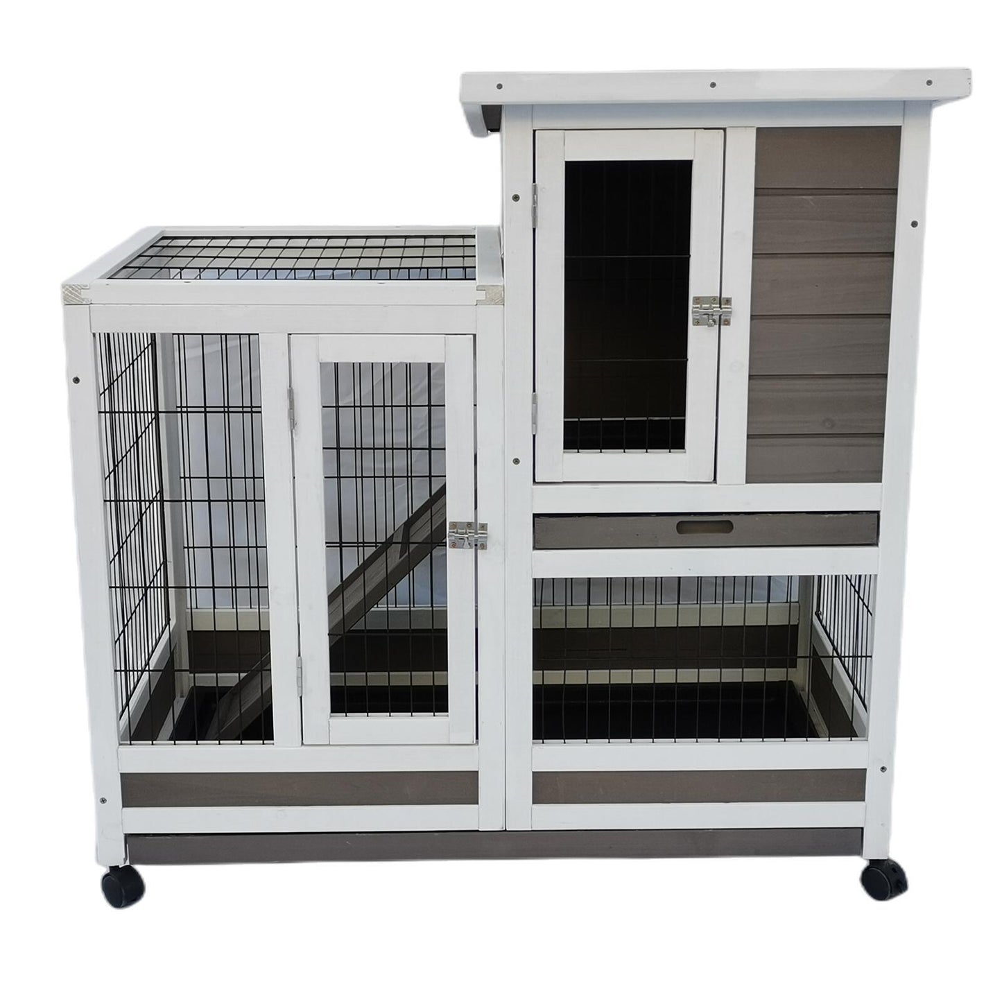 Wooden Rabbit, Guinea Pig, Ferret Hutch Cage With Wheels