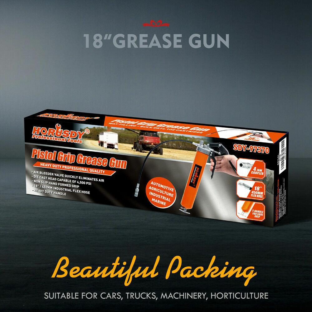 18'' Manual Pistol Grip Grease Gun Flow Pressure 4500PSI Flexi Hose & Coupler