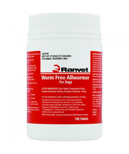 Ranvet Worm Free Allwormer For Dogs - 10kg 100 Pack