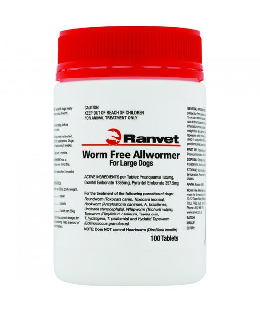 Ranvet Worm Free Allwormer For Dogs - 25kg 100 Pack