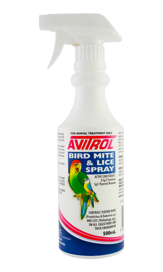 Avitrol Bird Mite & Lice Spray 500ml. Controls feather mites and lice on caged birds and their environment