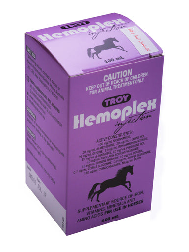 Troy Hemoplex Injection. 100ml. Supplementary source of iron, vitamins, minerals and amino acids for horses