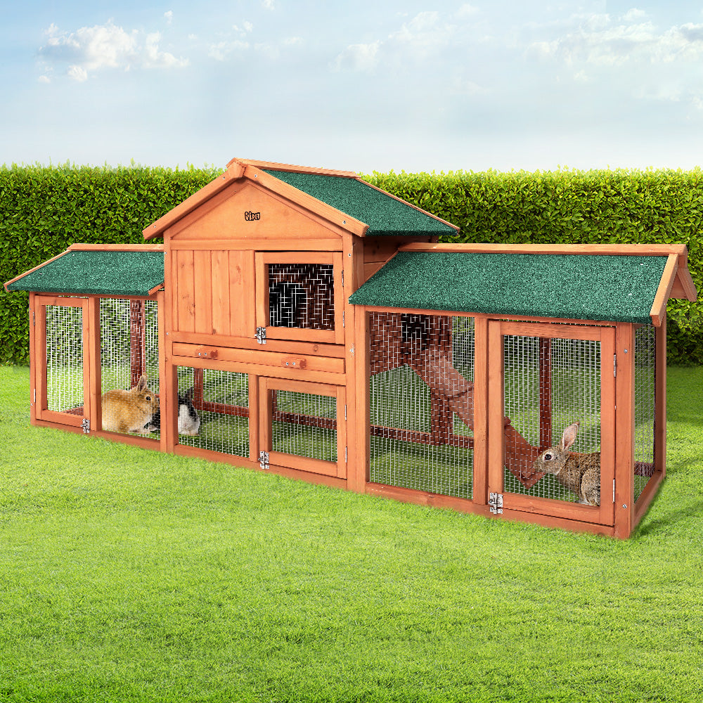 Chicken Coop Rabbit Hutch 220cm x 44cm x 84cm Large Run Wooden Outdoor Bunny Cage House