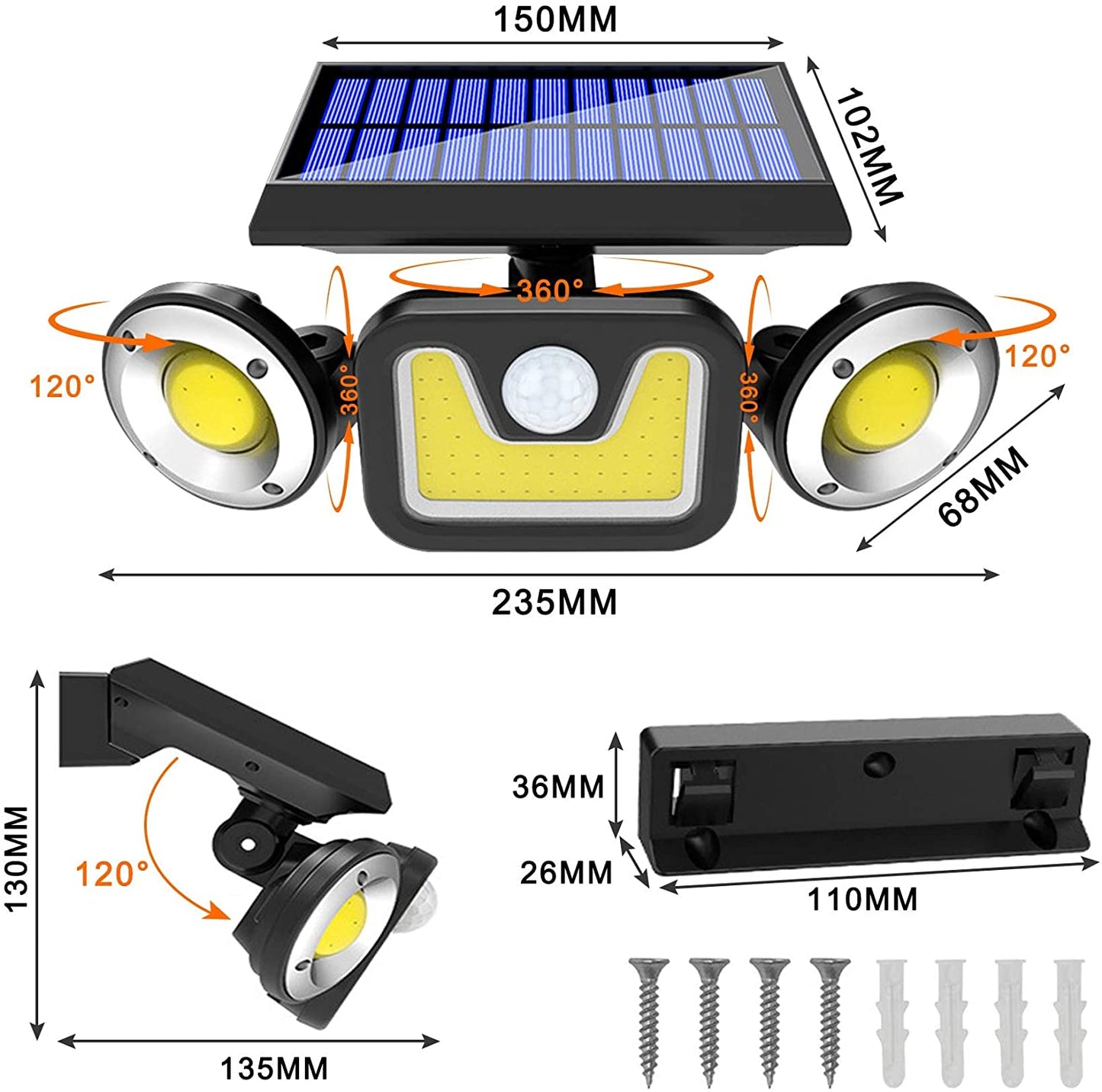 Outdoor Solar Lights with 3 Adjustable Head for Porch Garden Patio