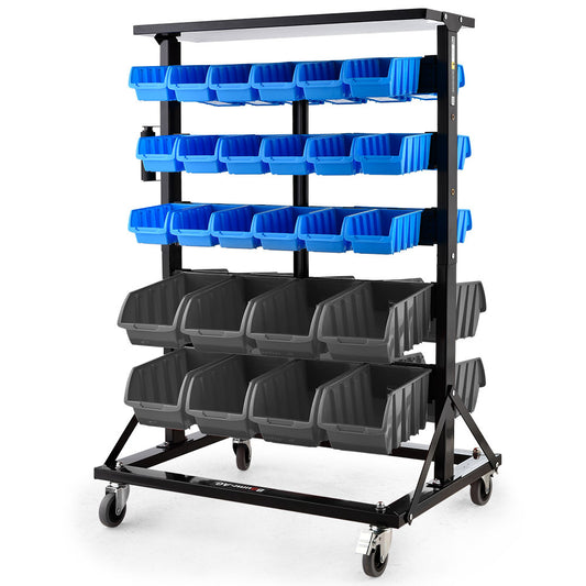 Parts Bin Rack Storage System Mobile Double-Sided - Blue - 52 Piece