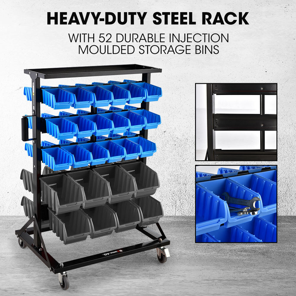 Parts Bin Rack Storage System Mobile Double-Sided - Blue - 52 Piece