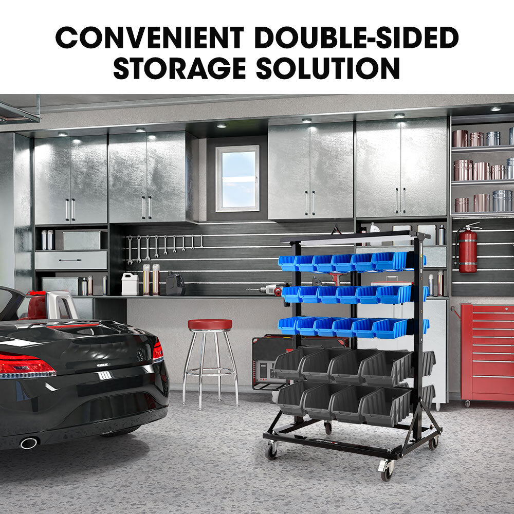 Parts Bin Rack Storage System Mobile Double-Sided - Blue - 52 Piece