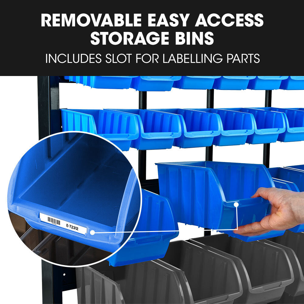 Parts Bin Rack Storage System Mobile Double-Sided - Blue - 52 Piece