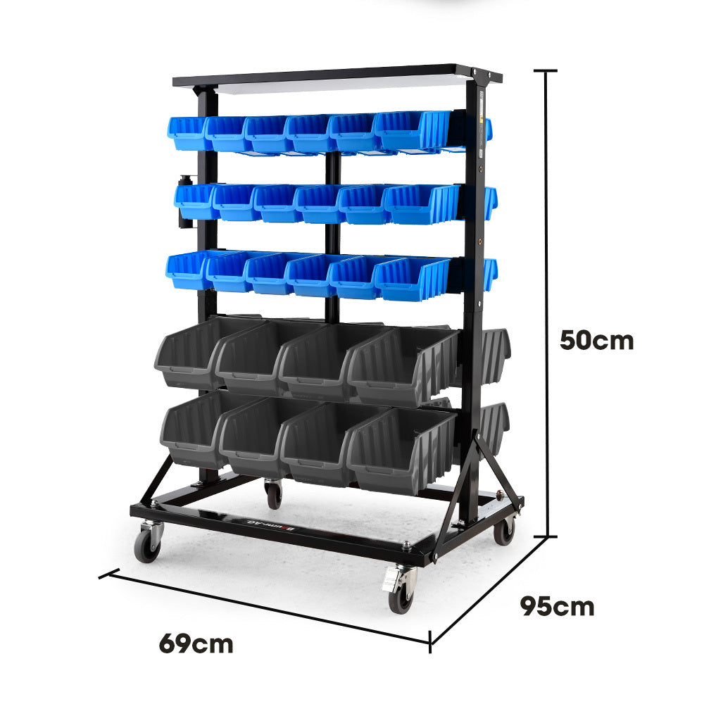 Parts Bin Rack Storage System Mobile Double-Sided - Blue - 52 Piece