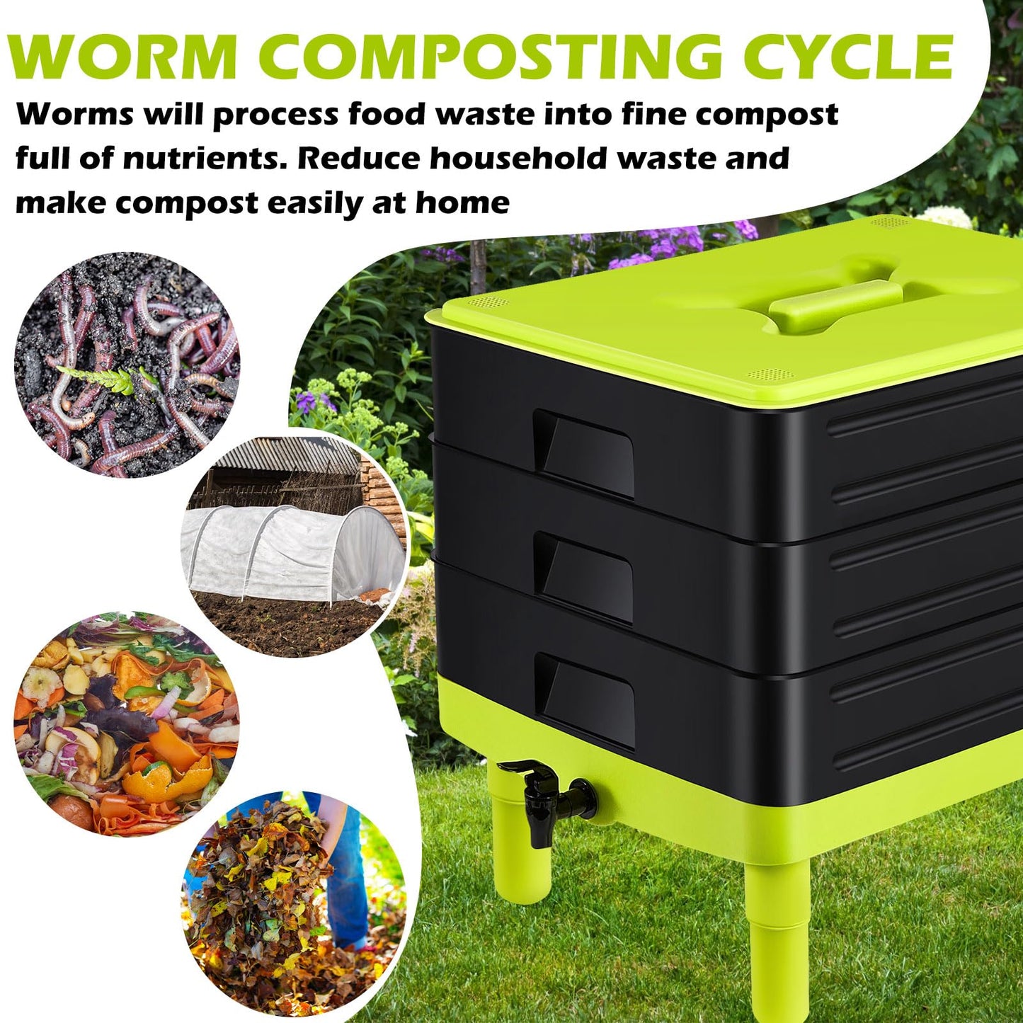Large Worm Farm 3 Trays Worm Composter Bins 60 Litre