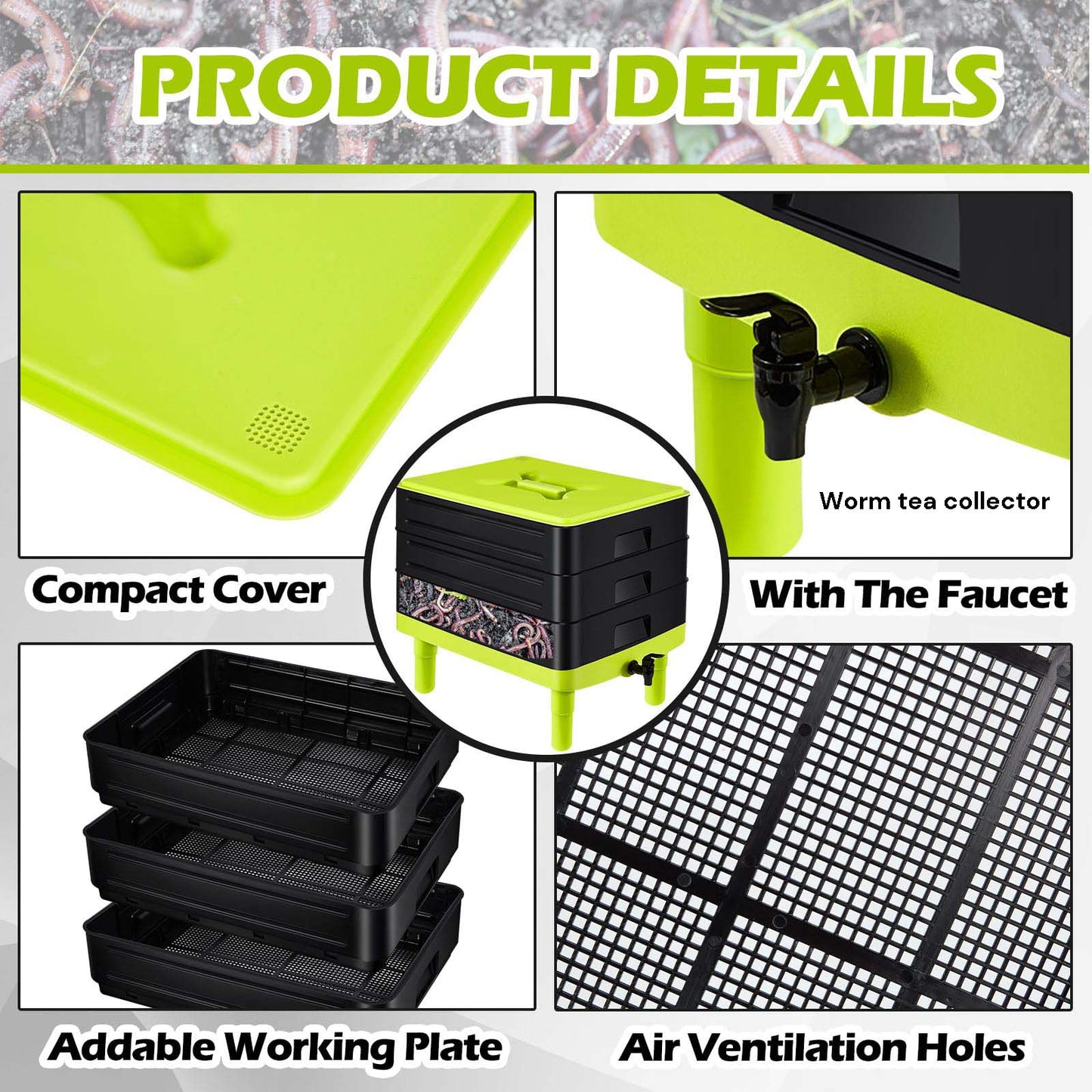 Large Worm Farm 3 Trays Worm Composter Bins 60 Litre