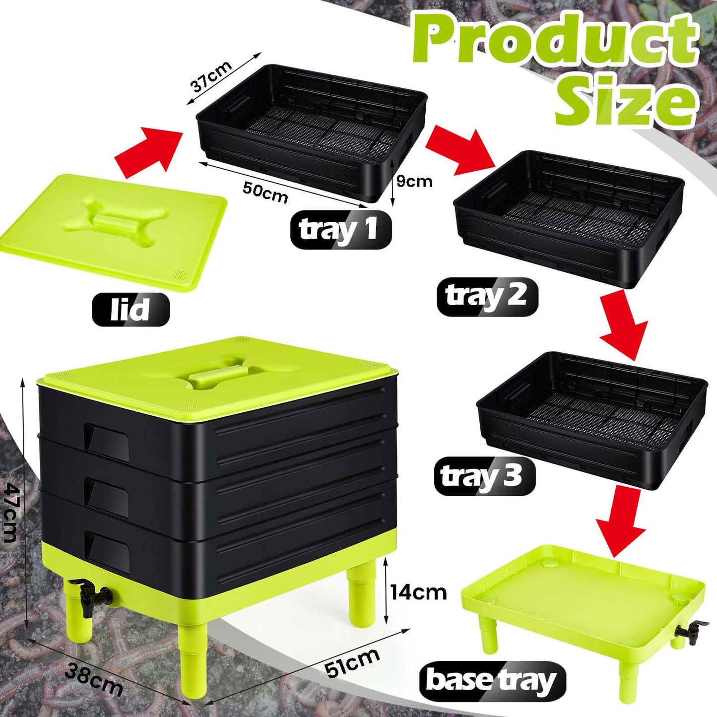 Large Worm Farm 3 Trays Worm Composter Bins 60 Litre