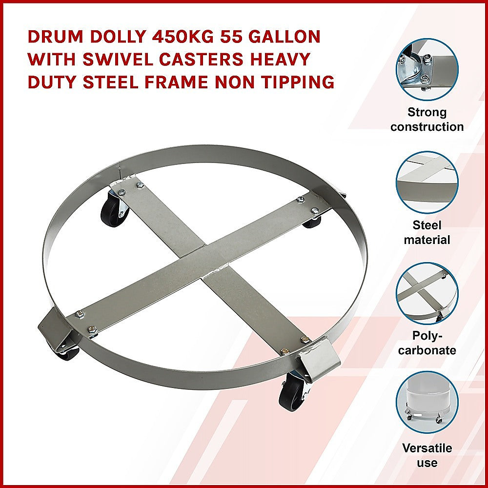 Drum Dolly 450kg 205 Litre With Swivel Casters Heavy Duty Steel Frame Non Tipping