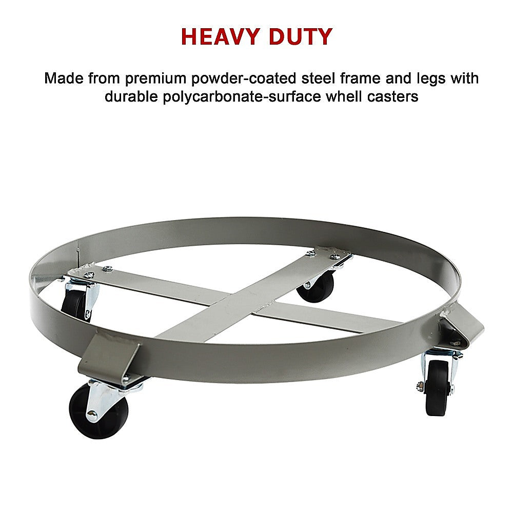 Drum Dolly 450kg 205 Litre With Swivel Casters Heavy Duty Steel Frame Non Tipping