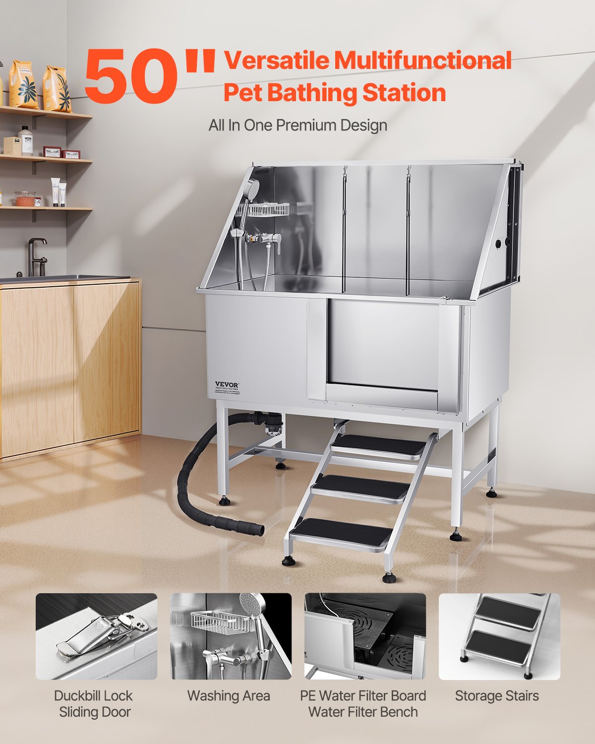 VEVOR 127 cm Dog Grooming Bath Tub Stainless Steel w Stairs Water Filter
