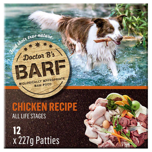 Dr B's BARF Dog Chicken Recipe Frozen Food Box Of 12 Patties